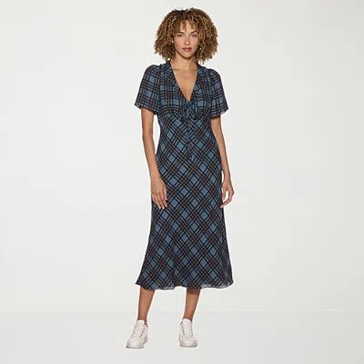 Belle Vie Womens Midi Short Sleeve Plaid Sheath Dress In Blue