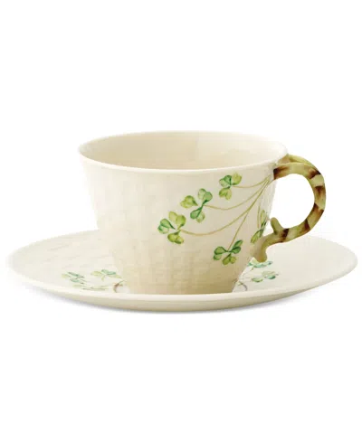 Belleek Pottery Shamrock Teacup & Saucer In Multi