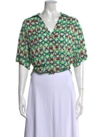 Pre-owned Bellerose Printed V-neck Button-up Top In Green
