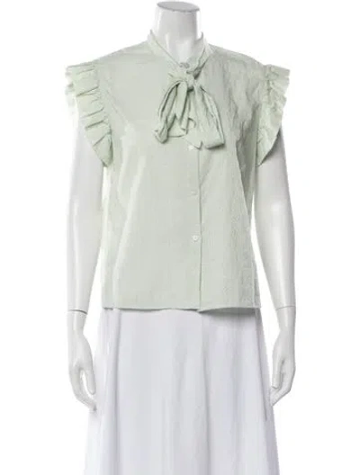 Pre-owned Bellerose Tie Neck Short Sleeve Blouse W/ Tags In Green