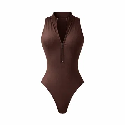 Belletage Swimwear Women's Brown The Trail Ride Zip Mock Neck One-piece