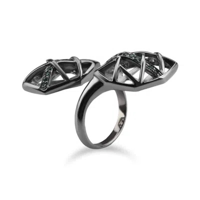 Bellus Domina Women's Black / Blue Rhodium Plated Blue Topaz Helical Ring