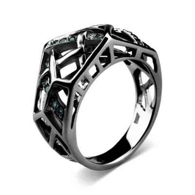 Bellus Domina Women's Black / Blue Rhodium Plated Silver Crossover Topaz Ring