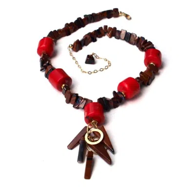 Bellus Domina Women's Brown / Gold / Red Brown Fire Agate & Red Coral Necklace