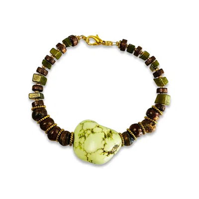Bellus Domina Women's Brown / Green Yellow Howlite Opal & Wooden Beads Bracelet In White