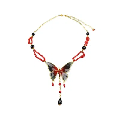 Bellus Domina Women's Gold / Black / Red Black Butterfly & Red Coral Necklace