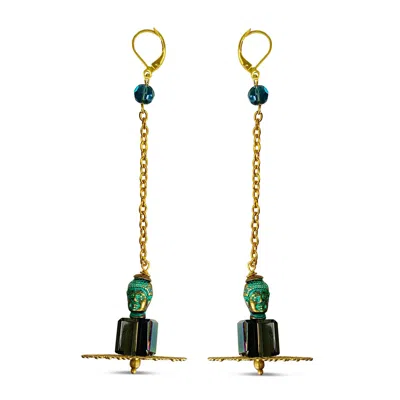 Bellus Domina Women's Gold / Blue Long Abstract Face Earrings In Green