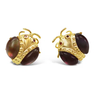 Bellus Domina Women's Gold / Brown Gold Plated Silver Fused Quartz Beetle Earrings