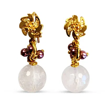 Bellus Domina Women's Gold / Pink Shiny Rose Quartz Earrings In Yellow