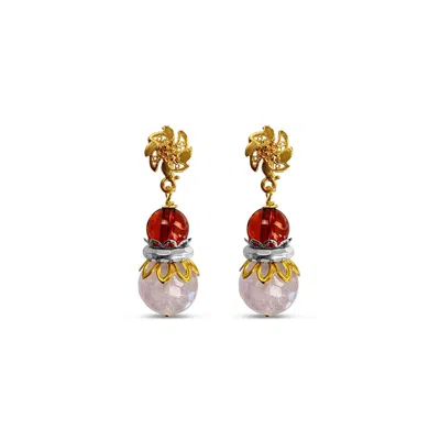 Bellus Domina Women's Pink / Red / Gold Round Rose Quartz Drop Earrings In Multi