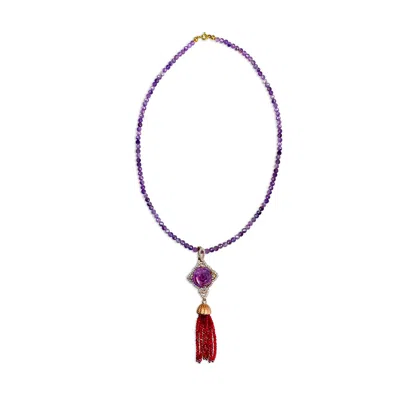Bellus Domina Women's Red / Gold / Purple Sterling Silver Amethyst & Garnet Tassel Necklace