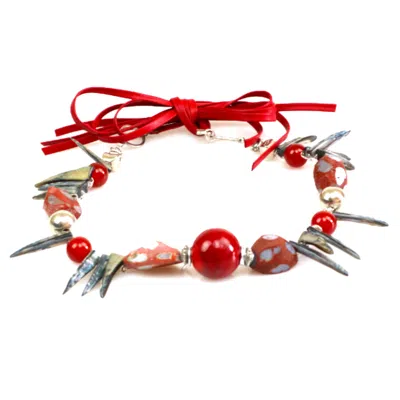 Bellus Domina Women's Red / Grey Red Coral & Jasper Necklace In White