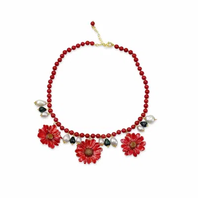 Bellus Domina Women's Red / White Natural Red Daisy & Pearl Necklace