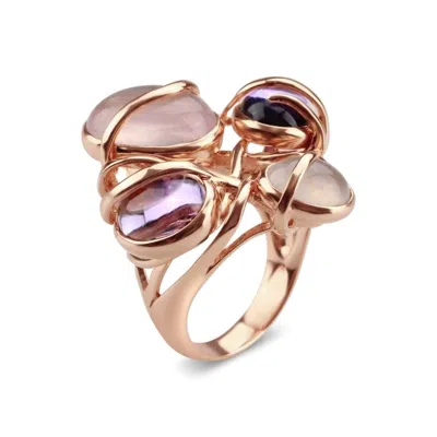 Bellus Domina Women's Rose Gold / Purple Gold Plated Silver Amethyst & Rose Quartz Cocktail Ring In Brown