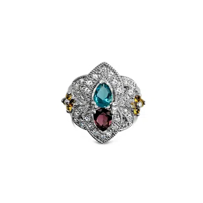 Bellus Domina Women's Silver / Blue / Pink Sterling Silver London Blue Topaz & Amethyst Cocktail Ring In Red
