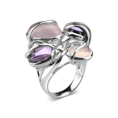 Bellus Domina Women's Silver / Purple White Gold Plated Silver Amethyst & Quartz Cocktail Ring