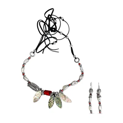 Bellus Domina Women's White Freshwater Pearls & Red Coral Necklace & Earrings Set In Blue
