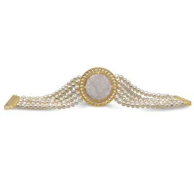 Bellus Domina Women's White / Gold Gold Plated Silver Freshwater Pearls & Quartz Bracelet