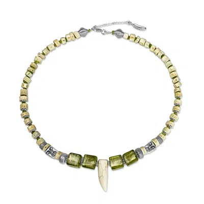 Bellus Domina Women's White / Green White & Green Murano Glass Tribal Necklace In Gold