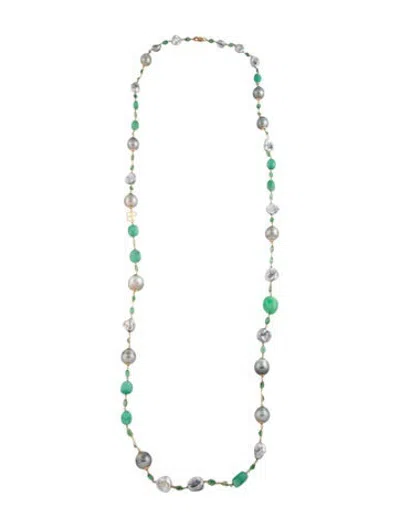Pre-owned Belpearl 18k Pearl & Emerald Bead Strand Necklace, 42" In Multicolor