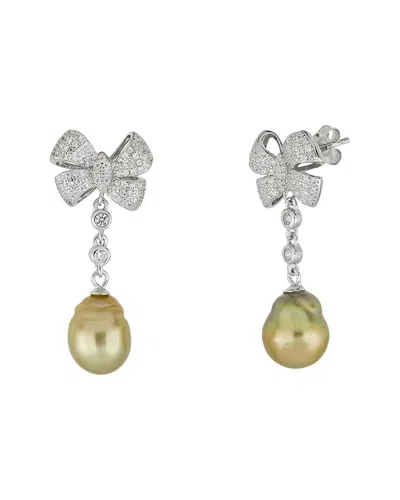 Belpearl Silver 10-11mm Pearl Cz Dangle Earrings In Metallic