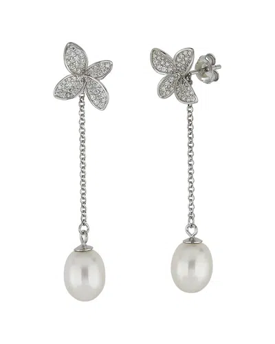 Belpearl Silver 9mm Pearl Cz Dangle Earrings In Metallic
