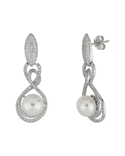 Belpearl Silver 9mm Pearl Cz Dangle Earrings In Metallic
