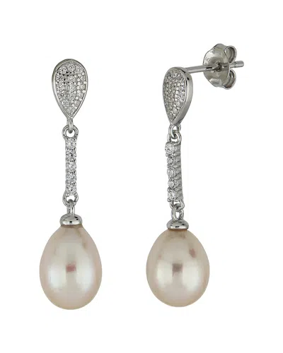 Belpearl Silver 9mm Pearl Cz Dangle Earrings In Multi