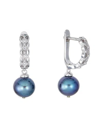 Belpearl Silver 9mm Pearl Cz Hoops In Blue
