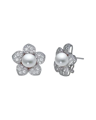 Belpearl Silver 9mm Pearl Cz Post & Clip Earrings In Metallic