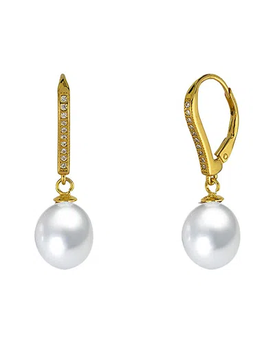 Belpearl Silver & Plated 10-11mm Pearl Cz Dangle Earrings In Gold