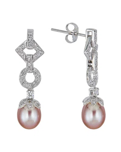 Belpearl Silver & Plated 10mm Pearl Cz Dangle Earrings In Metallic