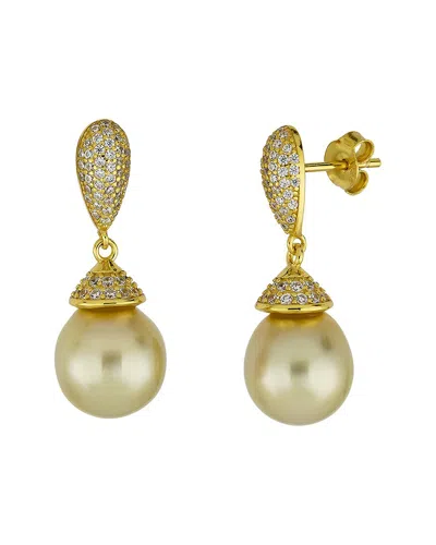 Belpearl Silver & Plated 10mm Pearl Cz Dangle Earrings In Gold