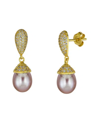 Belpearl Silver & Plated 10mm Pearl Cz Dangle Earrings In Multi