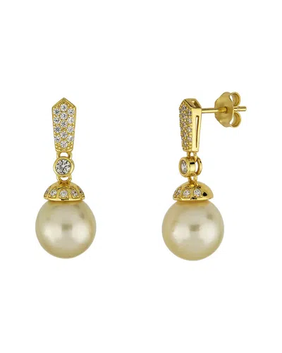 Belpearl Silver & Plated 9mm Pearl Cz Dangle Earrings In Gold