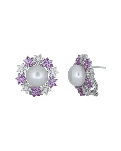 Belpearl Silver Red Corundium & 10mm Pearl Cz Post & Clip Earrings In Metallic