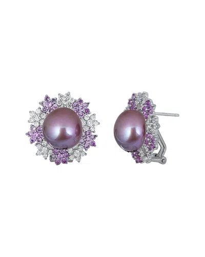 Belpearl Silver Red Corundium & 10mm Pearl Cz Post & Clip Earrings In Purple