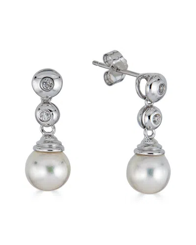 Belpearl Silver White Topaz 9mm Freshwater Pearl Earrings In Blue