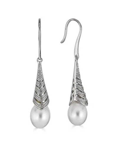 Belpearl Silver White Topaz 9mm Freshwater Pearl Earrings