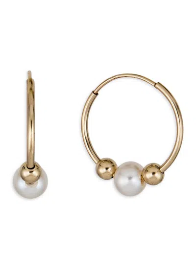 Belpearl Women's 14k Yellow Gold & 4mm Round Cultured Pearl Hoop Earrings