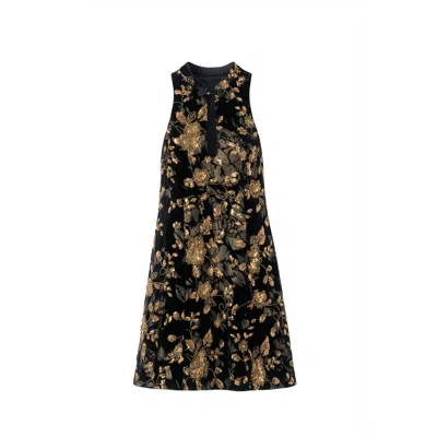Belsize25 Women's Black / Gold Golden Garden Black And Gold Velvet Beaded Floral Halterneck Mini Dress In Multi