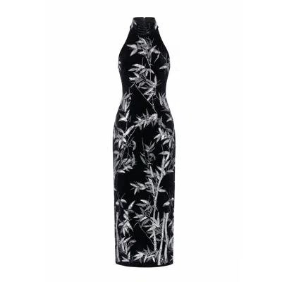 Belsize25 Women's Black / Silver Bamboo Leaf Beaded Embroidered Halterneck Gown In Multi