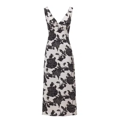 Belsize25 Women's Black / White Sicily Day & Night – Floral V-neck Satin Midi Dress With Black Flowers In Black/white