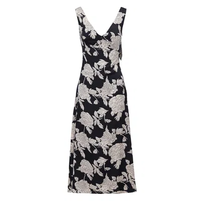 Belsize25 Women's Black / White Sicily Day & Night – Floral V-neck Satin Midi Dress With White Flowers In Black/white
