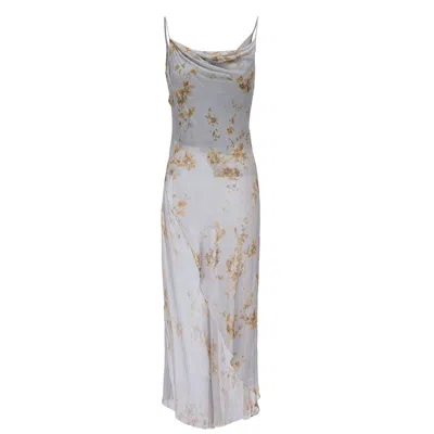 Belsize25 Women's Blue Dahlia Series – Celeste Floral Mulberry Silk Asymmetric Cowl-neck Long Camisole In White