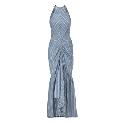 Belsize25 Women's Blue / Grey Blue Striped Halterneck Ruched Maxi Dress In Blue/grey