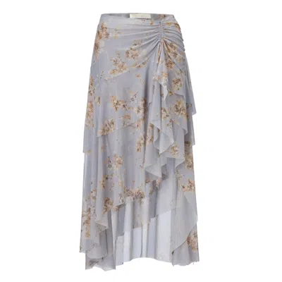 Belsize25 Women's Blue / Grey Dahlia Series – Floral Print High-waisted Draped Maxi Skirt In Gray
