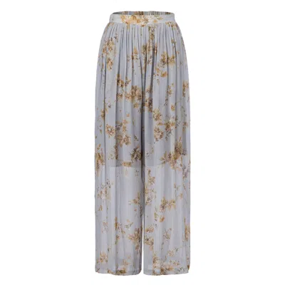 Belsize25 Women's Blue / Grey Dahlia Series – Floral Print Rayon Wide-leg Trousers In Multi