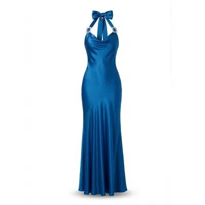 Belsize25 Women's Blue Mayfair Series – Crystal Buckle Halterneck Backless Dress
