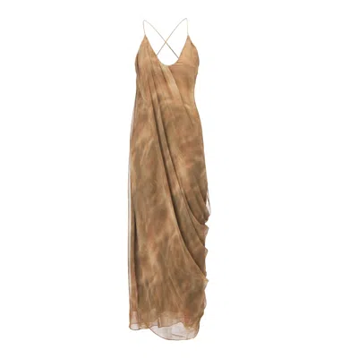 Belsize25 Women's Brown / Yellow / Neutrals Lumen Print Smoky Oud Draped Silk Resort Dress In Multi
